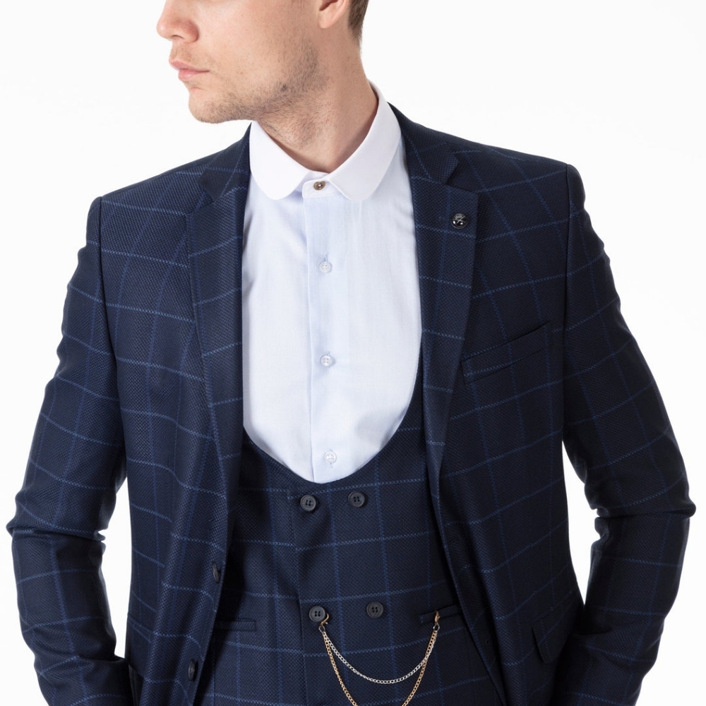 3 Piece Blue Plaid Check Suit 36R x 30W